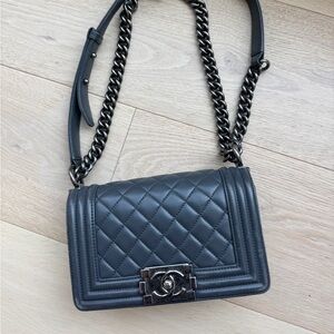 CHANEL Lambskin Quilted Small Boy Flap Grey Crossboy Bag